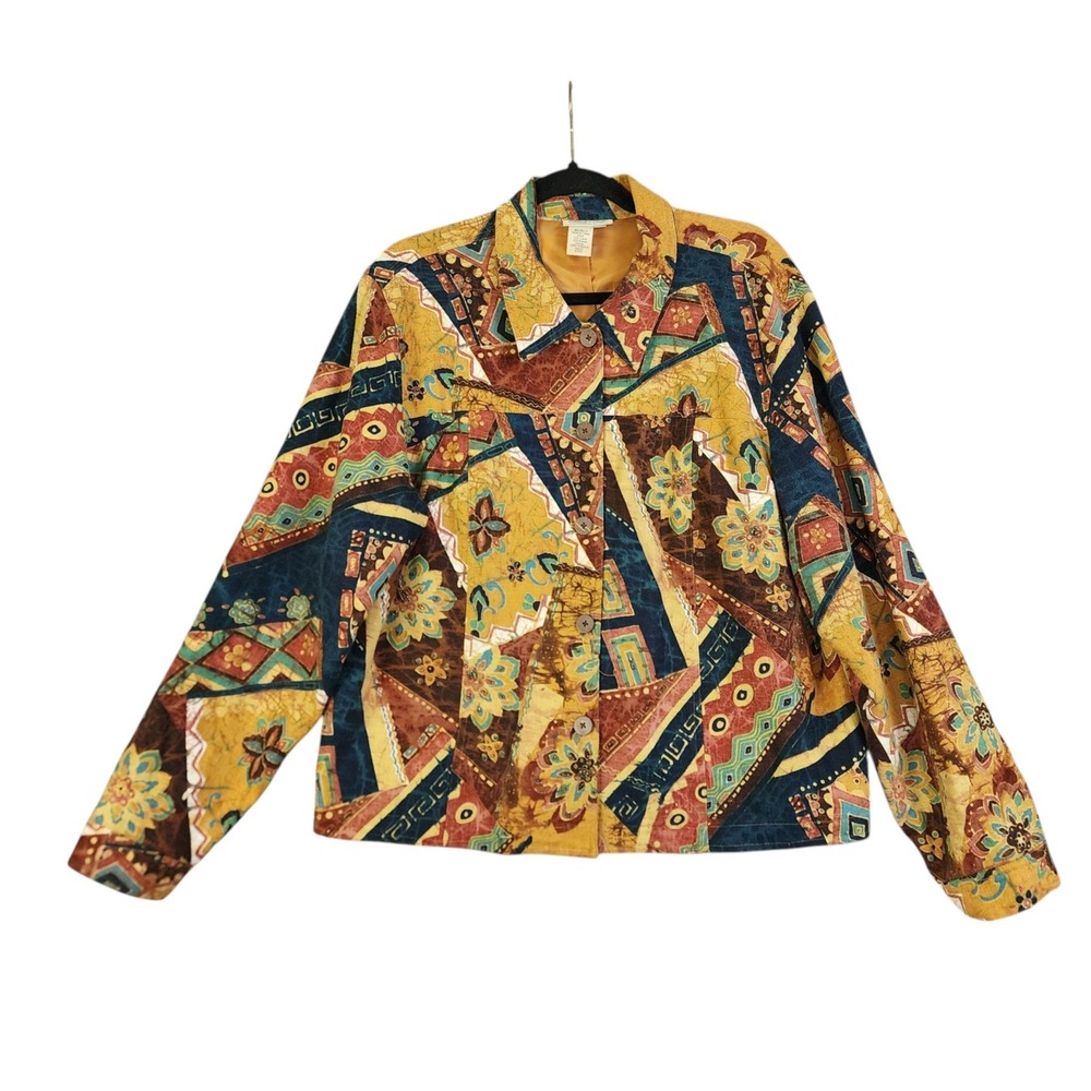 Coldwater Creek Womens Linen‎ Blend Button Front Jacket Size XL Beaded Patchwork